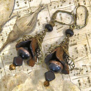 Copper Brown Black Bronze Hand Painted Lucite Flower Earrings, Crystal, Filigree